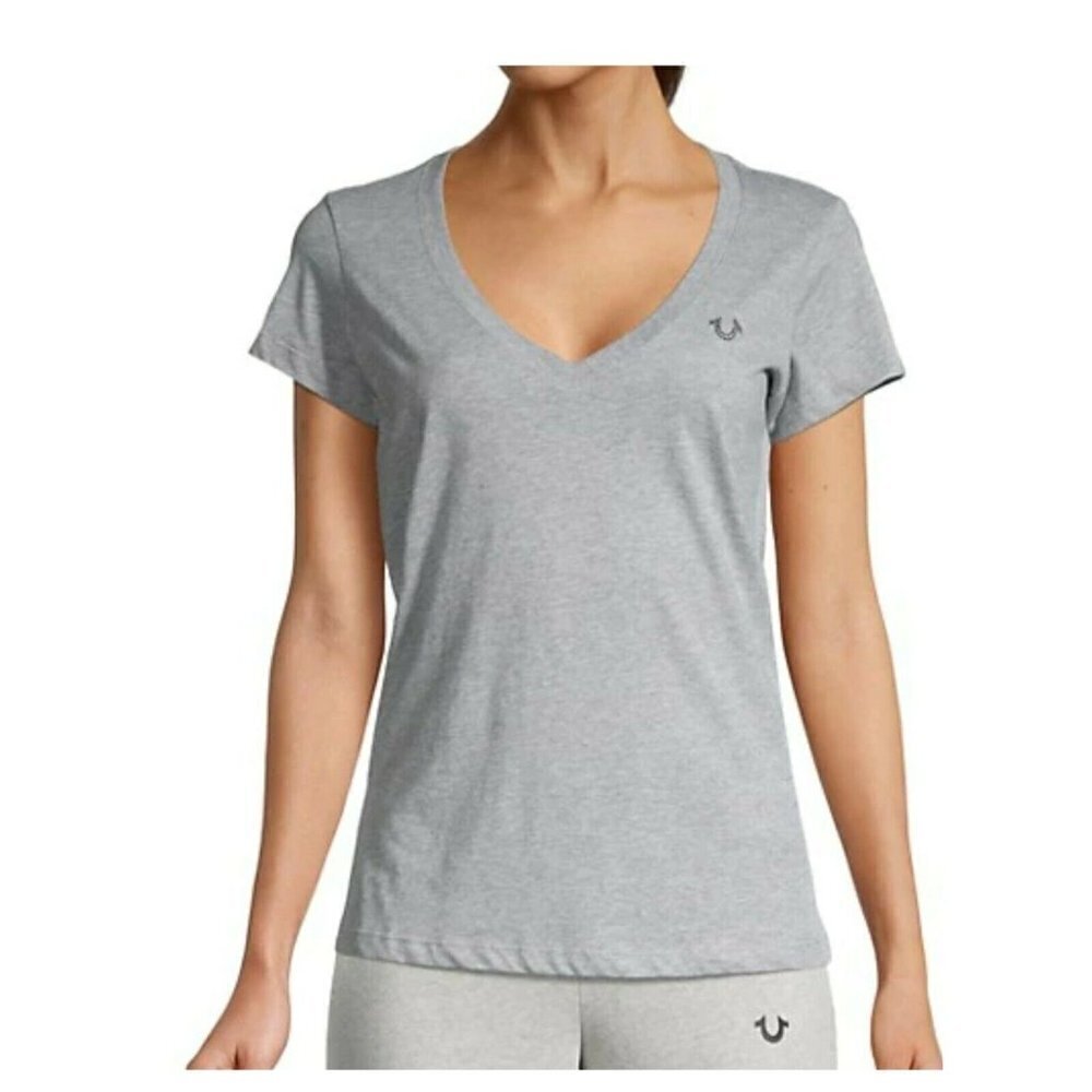 New True Religion Women's Tee World Tour Buddha Deep-V Neck Crystal Logo Gray S
